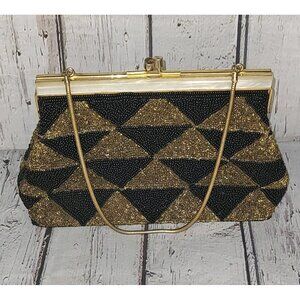 8" Vtg Black & Gold Triangle Seed Bead Purse Clutch Handbag Art Deco Kisslock